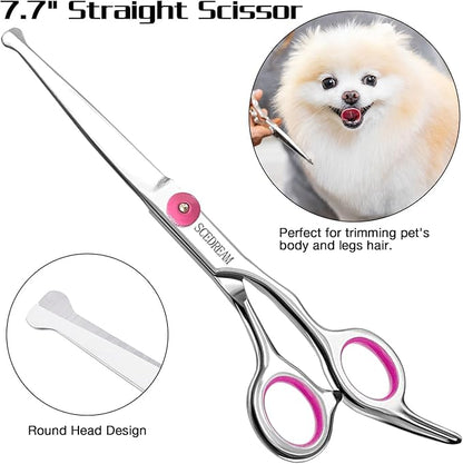 Professional Dog Grooming Scissors with Safety Round Tips, 5 in 1 Dog Grooming Scissors Kit, 4CR Stainless Steel Professional Pet Grooming Shears for Dog, Sharp and Durable, Pink