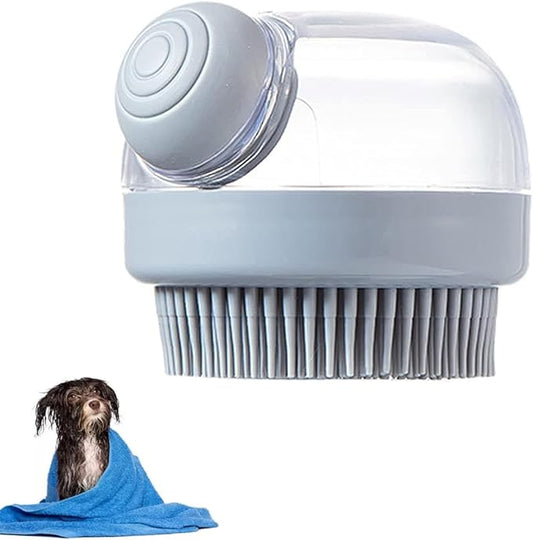 Dog Bath Brush Pet Shampoo Brush Silicone Puppy Brush Dog Shower Brush with Soap Dispenser Grooming Shower Brush (Grey)