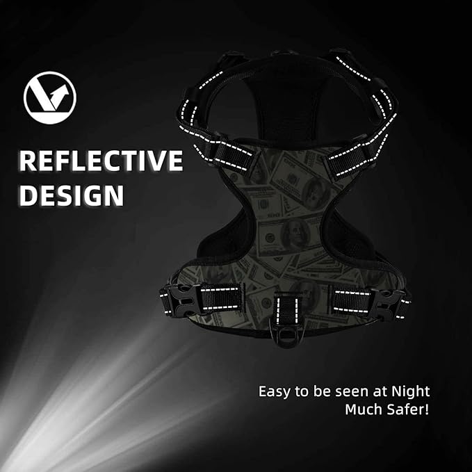 No Pull Dog Harness for Medium Dogs Easy Walk Dog Vest Adjustable Collars Harnesses & Leashes Set Breathable Oxford Outdoor Walking Safety Reflective Strip Dollar Cash Prints