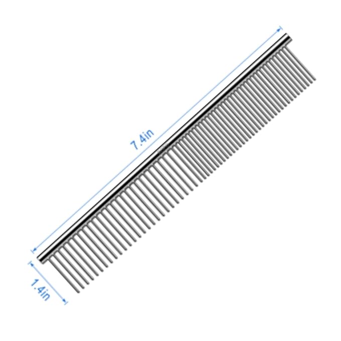 ROPO Dog Comb for Removing Matted Fur - Pet Dematting Comb with Rounded Teeth and Non-Slip Grip Handle - Prevents Knots and Mats for Long and Short Haired Pets (Round handle, Bright Silver)