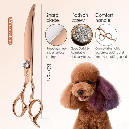 Rose Gold Titanium Curved Dog Grooming Scissors 8'' Downward 30° with Jewelled Screw Japan 440C Professional Pet Grooming Trimming Shears for Large Dogs Poodle(8,Curved)