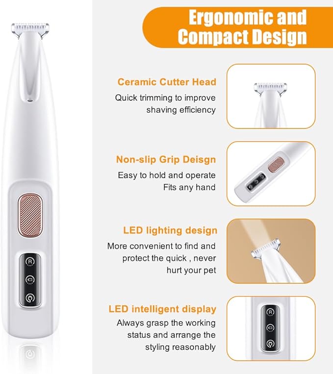 MiOYOOW Dog Clippers, Low Noise Dog Paw Trimmer USB Rechargeable Pet Shaver with LED Light & Widen Blade for Grooming Pet Paws, Eyes, Ears, Face Hair