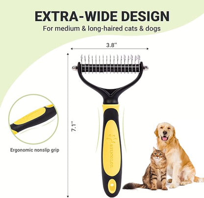 MIU COLOR Pet Grooming Brush, 2 Sided Undercoat Rake for Dogs & Cats, Professional Deshedding Brush and Dematting Tool, Effective Removing Knots, Mats, Tangles for Cats, Dogs, Extra Wide (Yellow)