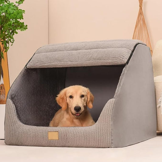 Large Dog House Indoor, Soft Plush Dog Cave Bed Covered Dog Bed with Fluffy Washable Cushion, Portable Dog/Cat Pet Tent House for Small Medium Dogs (Grey, Medium)