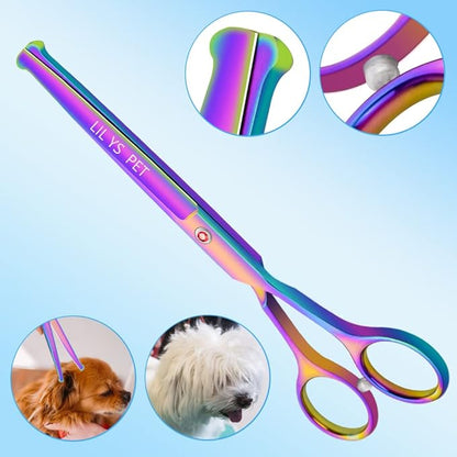 LILYS PET Safe Round-Tip Professional PET DOG Grooming Coated Titanium scissors suit Cutting&Curved&Thinning shears Set (Rainbow)