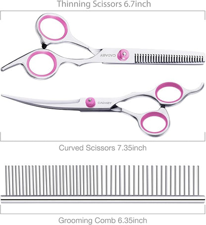 Pink Dog Grooming Scissors with Safety Tip, 3 in 1 Dog Grooming Scissors Kit, Professional Stainless Steel Pet Grooming Shears for Dog, Cat