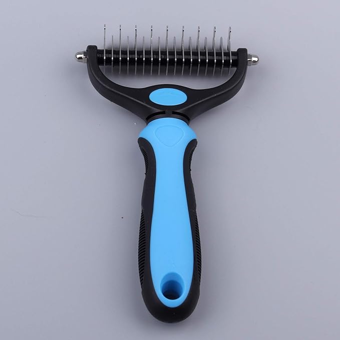 Pet Grooming Brush and Dematting Tool for Detangling Loose Haired and Undercoat, Helps Reduce Tangles and Mats in Long Fur, Gentle and Stress Free (Blue)