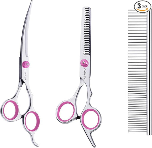 Pink Dog Grooming Scissors with Safety Tip, 3 in 1 Dog Grooming Scissors Kit, Professional Stainless Steel Pet Grooming Shears for Dog, Cat