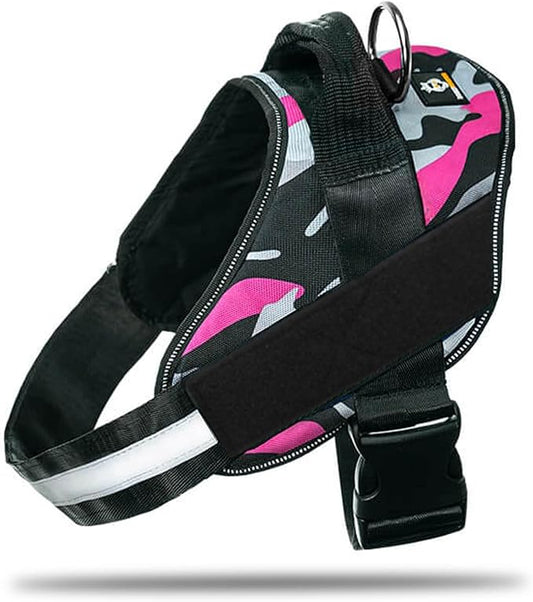 Non Pull Dog Harness with Patch Panels and Handle, Adjustable, Reflective, No Choke, Heavy Duty Easy On Service Dog Vest Harnesses for Medium Large Small Sized Dogs - Camouflage Pink, M