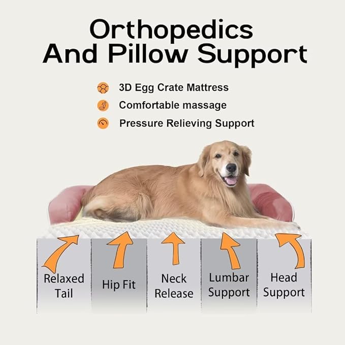 Orthopedic Washable Large Dog Bed, Pink Dog Beds with Removable Cover, Large XXXL Pet Dog with Bolster, Washable Dog Bed Sofa with Orthopedic Egg Foam for Medium Large Dog