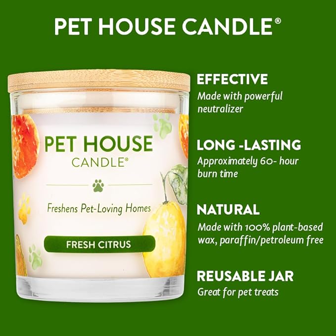 One Fur All Pet House Candle 2 Pack - Plant-Based/Soy Candle - Clean Burning Scented Candles, Long Lasting Pet Odor Candle for Home - Fresh Citrus