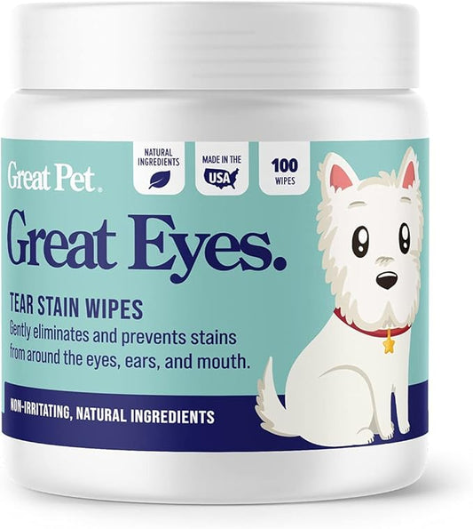 Great Eyes - Safe & Gentle Tear Stain Remover for Dogs - Natural Eye Wipes for Dogs - Made in The USA & Easy to Use Pre-Soaked Wipes - 100 Wipes