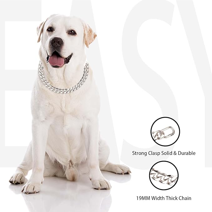 Cuban Link Chain Dog Durable Light Metal Dog Collar Silver Chain for Dog Cute Fashion Jewelry Accessories for Dogs Bulldog Pitbulls (19MM)(24)