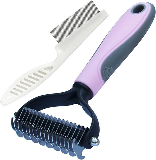 Pet Grooming Tool: Double Sided Undercoat Rake Comb for Deshedding and Dematting Dogs and Cats, Flea Comb Set (Pink/16 tooth)