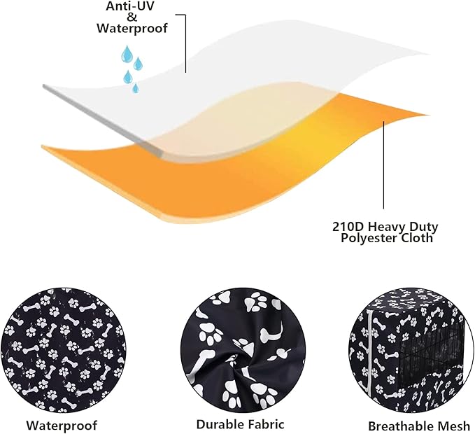 Morezi Dog Crate Cover for Wire Crates,Cage, Heavy Nylon Durable Waterproof Windproof Pet Kennel Cover Indoor Outdoor Protection - Cover only - Black Paw Bone - XXLarge