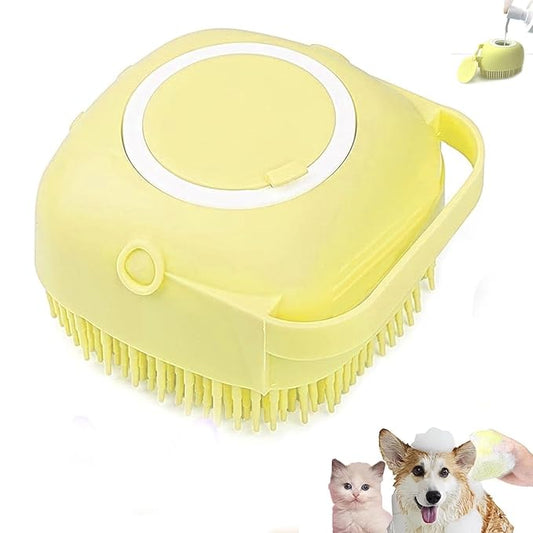 Pet Bath Scrubber Brush, Dog Grooming Massage Shampoo Bath Brush with Soap and Shampoo Dispenser Soft Silicone Bristle for Long Short Haired Dogs Cats Shower (Yellow)