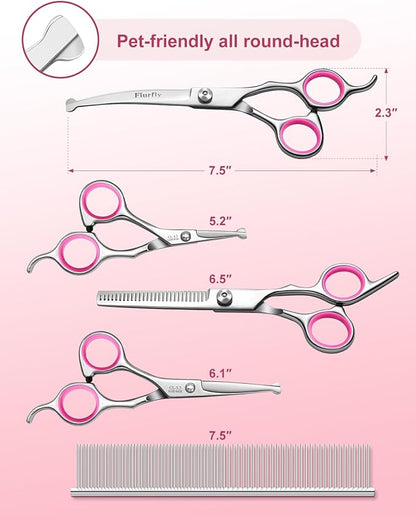 Furry Grooming Scissors with Safety Round Heads. Dog Grooming Scissors, 5CR 6 in 1 Dog Grooming Scissors, Curved Dog Grooming Scissors, Professional Pet Grooming Scissors Set for Dogs and Cats