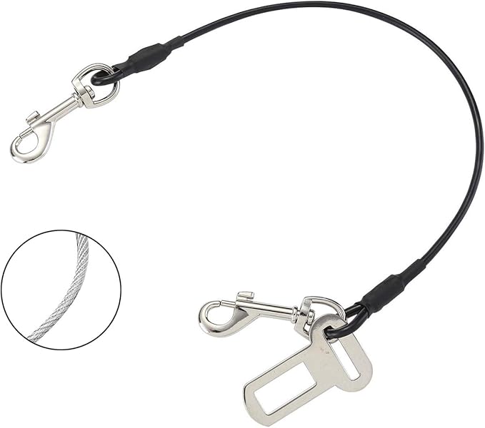 No-Chew Dog Seat Belt, Stainless Steel Cable Pet Car Seatbelt Safety Restraint Tether Puppy Vehicle Seat Belt with Buckle Latch(16 inch)