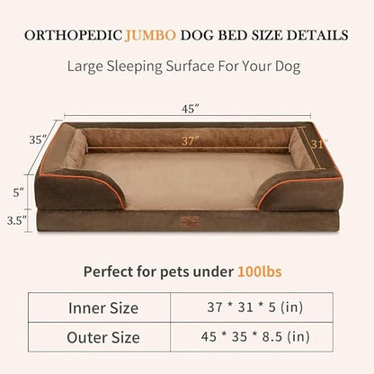 Cooling Dog Bed Memory Foam, Jumbo Dog Bed for Extra Large Dogs, Orthopedic Jumbo Breed Dog Bed, Waterproof Dog Bed with Bolster & Removable Cover(Jumbo,Khaki Brown)