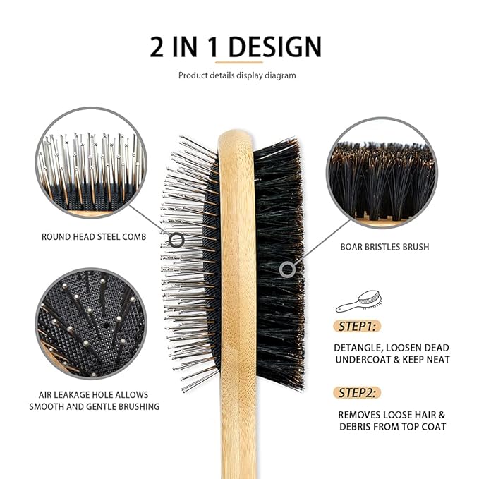 Double Sided Dog and Cat Brush - Bristle and Pin for Grooming, Real Boar Bristle With Bamboo Handle for Long Short Hair, 4 Pack Comb, Black+Yellow