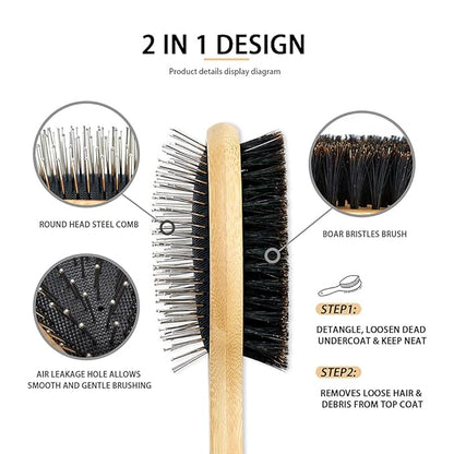 Double Sided Dog and Cat Brush - Bristle and Pin for Grooming, Real Boar Bristle With Bamboo Handle for Long Short Hair, 4 Pack Comb, Black+Yellow