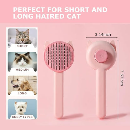 Pet Grooming Brush Kit for Cat and Dog, Hair Massage Cleaner with Release Button, 2 Flea Combs for Shedding Removing Tangles Loose Fur Self Cleaning Accessories, Pink (3 Pieces Set)