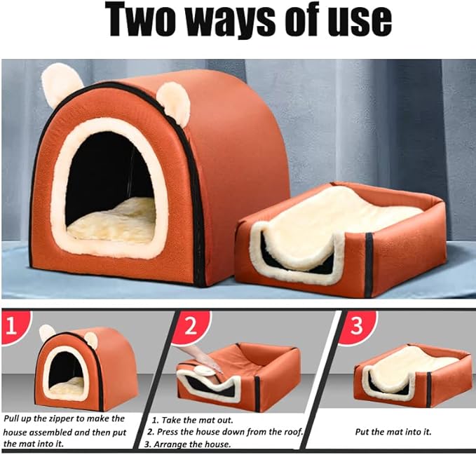 Dog Bed,2 Ways to Use,Indoor Pet House with Fluffy Mat,Removable and Washable Cover,Splash-Proof House and Non-Slip Bottom,for Large Dogs(2XL Grey Faux Leather)