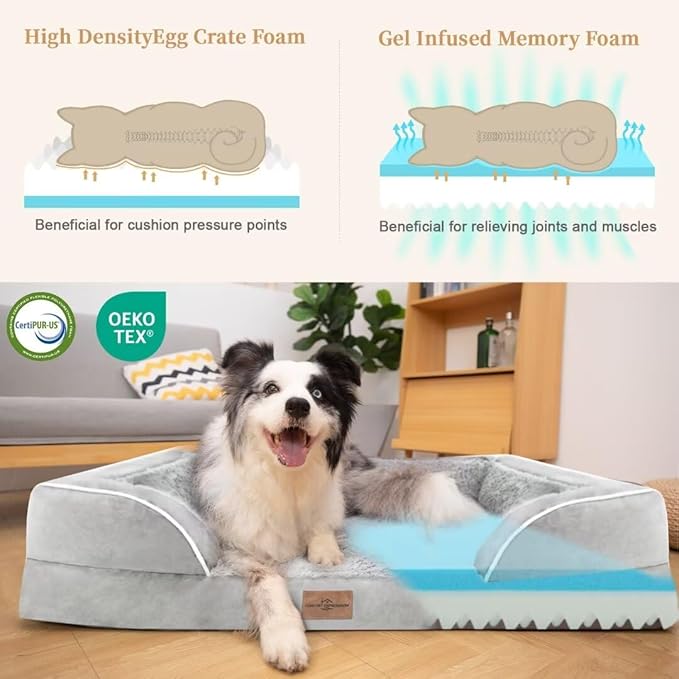 Orthopedic Memory Foam Dog Bed, Cooling Dog Bed, Waterproof Dog Beds for Large Dogs, Washable Dog Bed with Removable Cover,Pet Bed Dog Sofa with Bolster(Large,Light Grey)