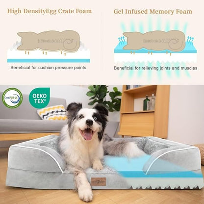Orthopedic Memory Foam Dog Bed, Cooling Dog Bed, Waterproof Dog Beds for Large Dogs, Washable Dog Bed with Removable Cover,Pet Bed Dog Sofa with Bolster(Large,Light Grey)