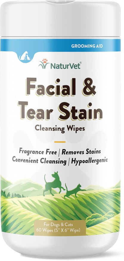 NaturVet Facial & Tear Stain Cleansing Wipes for Dogs & Cats 60 Count