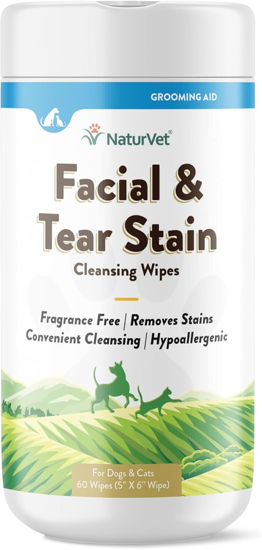 NaturVet Facial & Tear Stain Cleansing Wipes for Dogs & Cats 60 Count