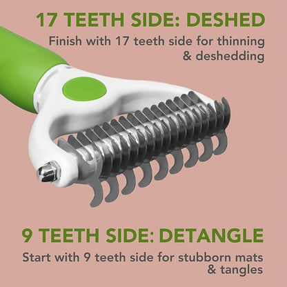 Pet Grooming Brush- Double Sided Dematting and Deshedding Undercoat Rake Brush for Dogs and Cats, Green