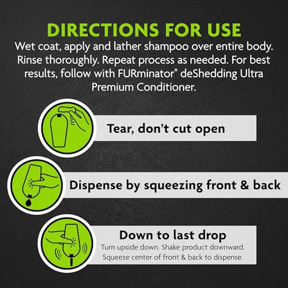 FURminator DeShedding Shampoo Squeezable Pouch,16 Fluid Ounces, Moisturizing Deshedding Shampoo for Dogs in Self-Sealing,Spill-Resistant Pouch Helps Reduce Excess Shedding and Nourishes Skin and Coat