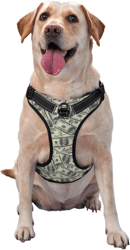 No Pull Dog Harness for Small Dogs Easy Walk Dog Vest Adjustable Collars Harnesses & Leashes Set Breathable Oxford Outdoor Walking Safety Reflective Strip Dollar Cash Prints