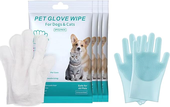 Pet Grooming Glove Wipes Combination,Pet Bathing Wipes for Dogs & Cats, Cleaning & Deodorizing Grooming Gloves, Nourish Fur Glove Wipes for Daily Care and Traveling, Rinse Free.24PCS