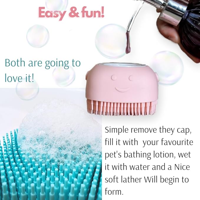 Silicone Pet Bath Brush with Shampoo Dispenser - For Dogs, Cats, and Puppies - Aquamarine Color