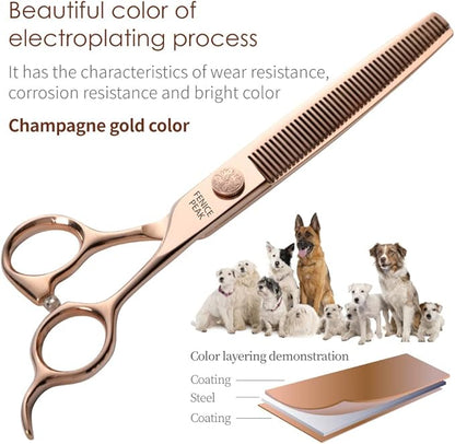 Fenice Peak Thinning Dog Grooming Scissors Champagne Gold 440C Stainless Steel Thinning Shears for Dogs and Cats 35% Thinning Rate