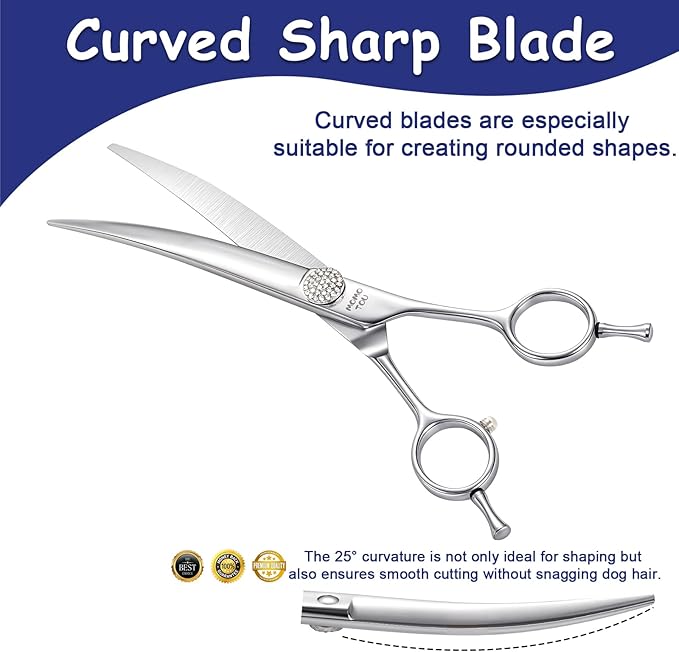 Professional Curved Dog Grooming Scissors with Simulation Diamond 440C Stainless Steel Polished Pet Cat Hair Cutting Shears for Groomers and Home users 7''