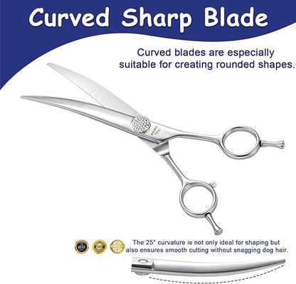 Professional Curved Dog Grooming Scissors with Simulation Diamond 440C Stainless Steel Polished Pet Cat Hair Cutting Shears for Groomers and Home users 7.5''