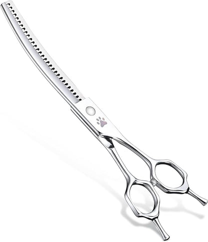 ULG 7.5" Curved Professional Dog Grooming Shears 30-Tooth Precision Thinning (55-60%) Japanese 440C Stainless Steel Adjustable Tension & Universal Left & Right Hand Use