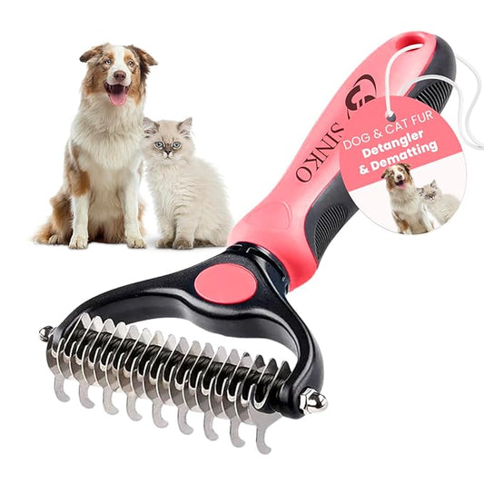 Sinko Undercoat Rake for Dogs & Cats, Dematting Comb with Extra Wide Double-Sided Stainless Teeth for Detangling, Deshedding, Brushing & Removing Shed Fur, Knots, Mats, and Tangles in Pets (Pink)