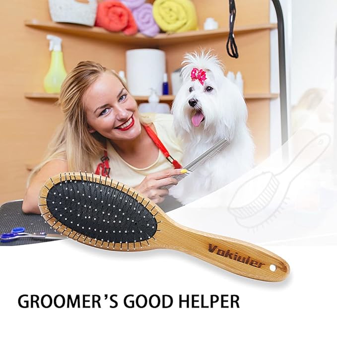 Dog Brush Cat Brush, Vokiuler Double Sided Bristle and Pin Pet Brush for Dog Grooming, Real Boar Bristle Shedding Brush with Bamboo Handle for Long Short Hair, 2 Pack Dog Comb, White