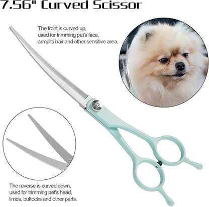 Professional Dog Grooming Scissors Set, 4 in 1 Dog Grooming Scissors Kit, Curved Dog Scissors Pet Thinning Shears, Pet Grooming Supplies, Blue