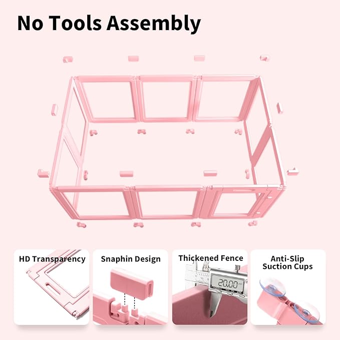 DIY Clear Acrylic Dog Playpen House,Quick Easy Assembly and Disassembly,Strong Floor Suction,Indoor and Outdoor Use,Easy Cleansing Puppy Fence (Sakura Pink, 23.6" H, 12PCS)