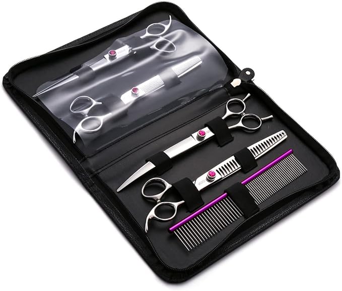 Dog Grooming Scissors Kit 7 in Professional Curved Thinning Straight Chunkers Shears and Comb 5pcs Set for Grooming Dogs Cat Pet Japanese 440C Stainless Steel(7.0'',Kit)