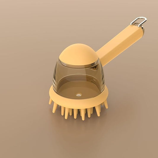 Pet Bathing Brush with Soap Dispenser, Ergonomic 4D Grip, One-Click Liquid Dispensing (Yellow)