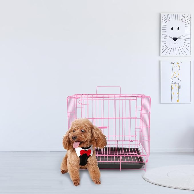 Housoutil Dog Crate Cage, Foldable Metal Wire Dog Crate, Newly Enhanced Single Door Dog Crate for Cat Rabbit and Small Animals, Pink