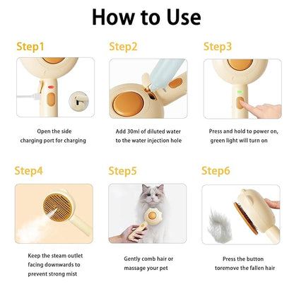 3-in-1 Steam Brush For Cats，Indoor Dog Grooming Shedding Defur Comb，For Long And Short Haired Pets Spray Hair Removal Comb – Includes Cleaning Waterless Shampoo