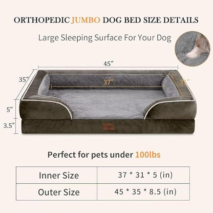 Cooling Dog Bed for Extra Large Dogs, Jumbo Dog Bed, Orthopedic Memory Foam Dog Bed, Jumbo Breed Dog Bed, Waterproof Dog Bed with Bolster & Removable Cover(Jumbo,Olive Green)