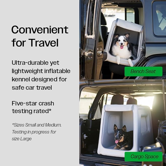Diggs Enventur Medium Soft Dog Crate - Portable Indoor & Outdoor Dog Kennel - Inflatable Ultra-Durable Travel Crate for Safe Car Travel & Adventures - 34" L x 22.5" W x 27" H (Grey)